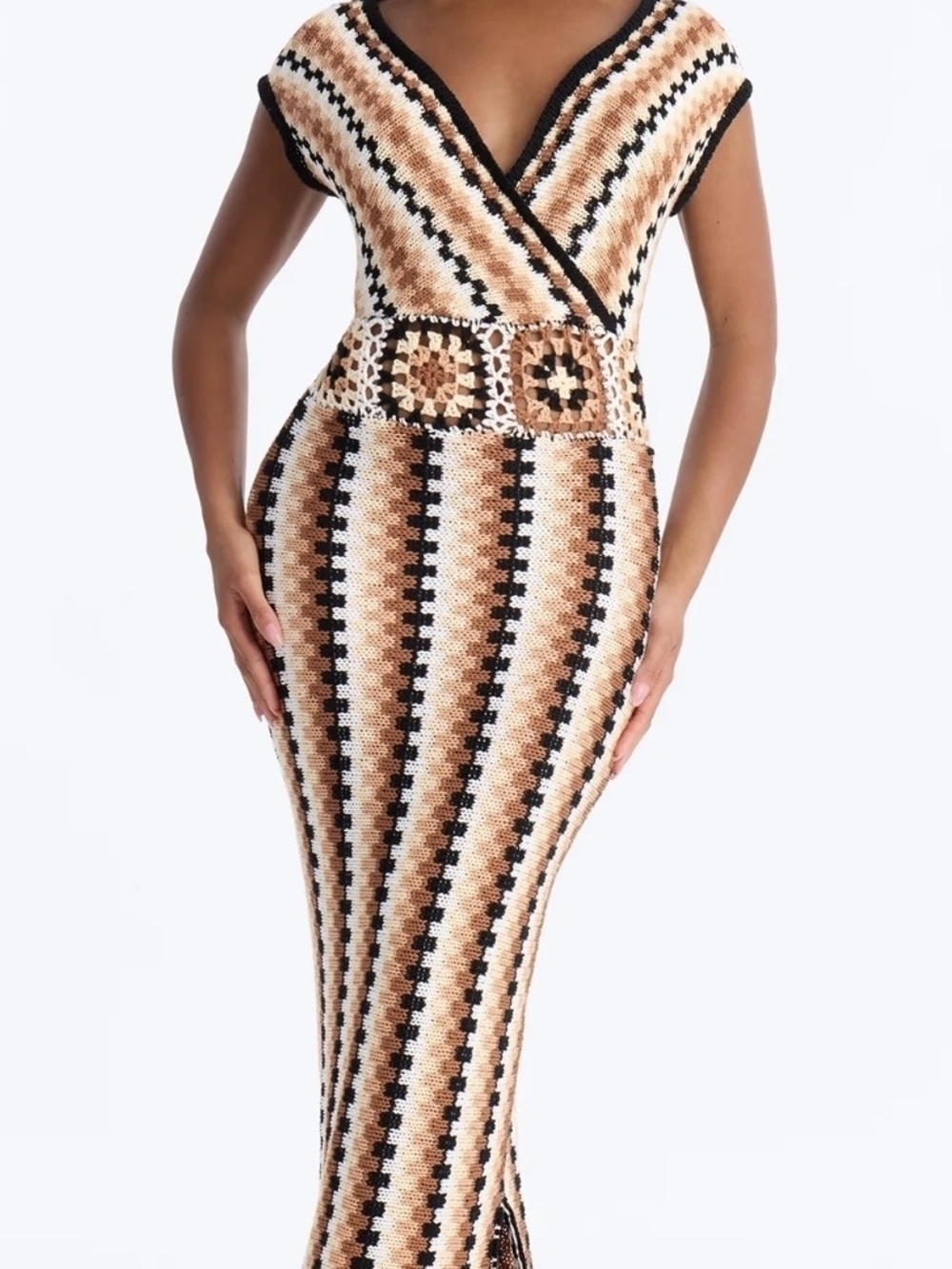 Crochet Wrap Maxi Dress in Brown Stripe
